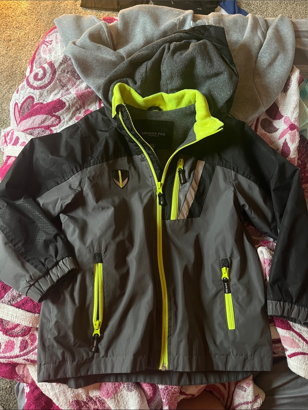 London Fog Kids Gray Jacket with Neon Yellow Accents